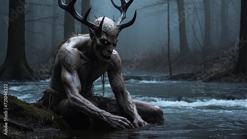 a mythological creature or evil spirit originating from Algonquian people Mythology wendigo sit beside a river