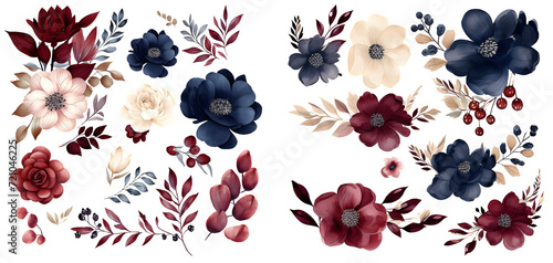 Watercolor navy and burgundy floral clipart for graphic resources photo