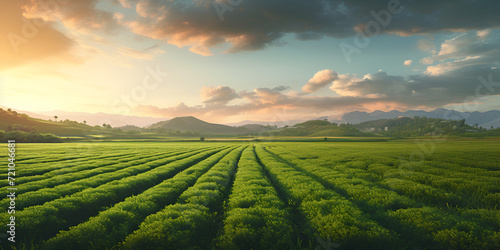 A field of green crops with a tree in the background 