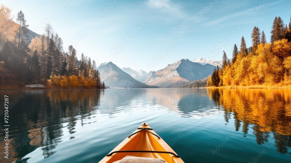 Minimalistic Clean Image of Kayak on Alpine Lake in Fall AI Generated - obrazy, fototapety, plakaty 