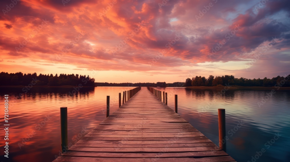 Wooden pier on the lake at sunset. Beautiful summer landscape. Generative AI