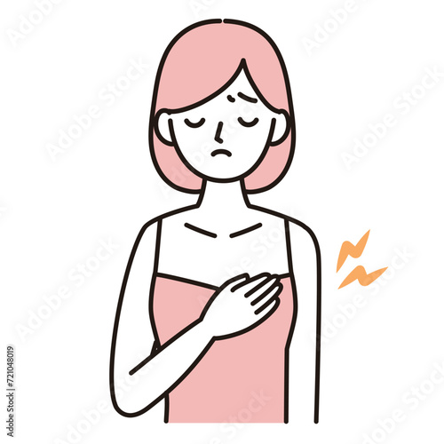 乳腺炎・乳腺症など　胸や乳房に痛みがある女性のシンプルイラスト　ピンク