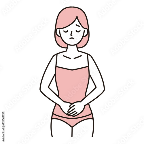 お腹のトラブルに悩む若い女性のシンプルイラスト　ピンク