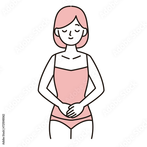 お腹・腹部に手を当てて微笑む若い女性のシンプルイラスト　ピンク