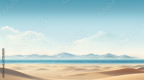 Beautiful seascape with sand dunes and mountains. illustration Generative AI