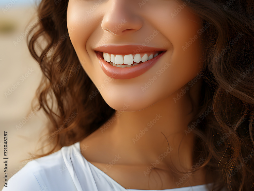 Close up of Smiling Young Women with Healthy White Teeth on Desert. For Healthcare, Veneers, and Dental Advertisements Close up of Smiling Young Women with Healthy White Teeth on Desert. For Healthcare, Veneers, and Dental Advertisements