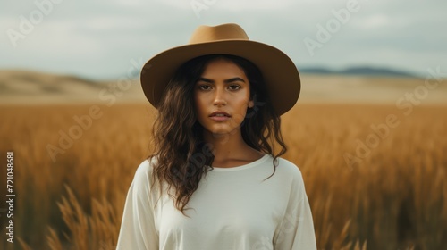 Portrait of a beautiful young brunette woman in a straw hat on a wheat field. Generative AI