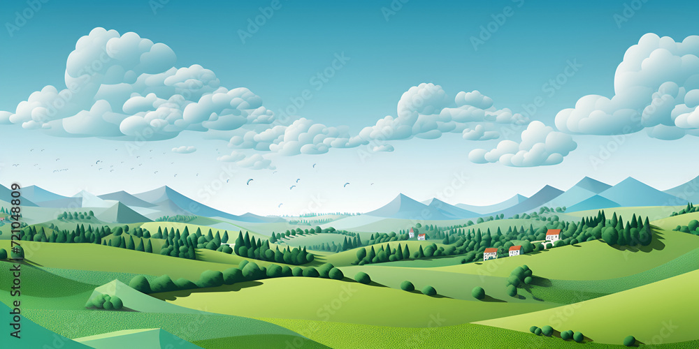 Mountains landscape background with trees, Natural landscape theme ,Summer fields hills landscape green grass blue sky,


