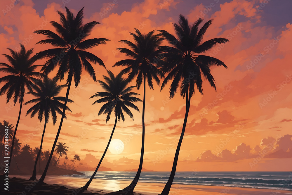 Sunset on the beach, cloudy sky with silhouette of palm trees illustration