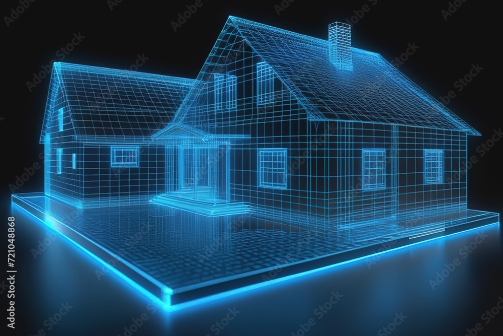 Hologram of a house and design in Real Estate project. Future Concept Simulation and connect Connect to Augmented Reality Metaverse .AI Generated Hologram of a house and design in Real Estate project. Future Concept Simulation and connect Connect to Augmented Reality Metaverse .AI Generated