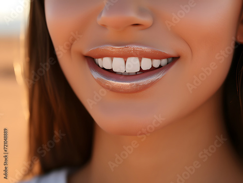 Close up of Smiling Young Women with Healthy White Teeth on Desert. For Healthcare  Veneers  and Dental Advertisements