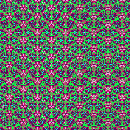Abstract geometric flowers and leaves Floral mosaic in hot pink, green and blue tones