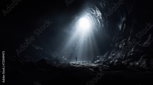 Man standing in the dark cave with light coming from the end. Generative AI