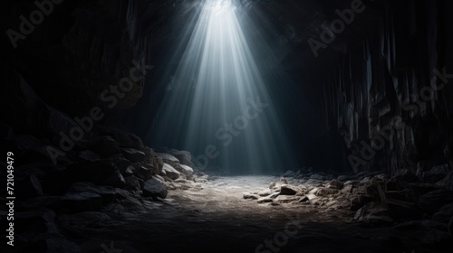 Mysterious dark cave with light rays coming from the end. 3D rendering Generative AI