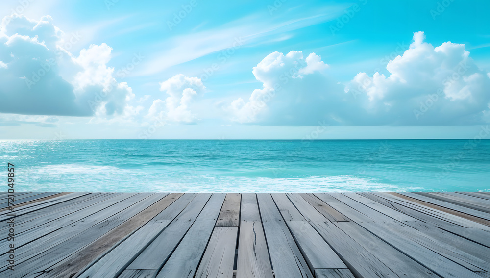 Fototapeta premium Wooden deck with a beautiful sea and sky background, overlooking the beach and ocean. This tropical wooden deck is situated at the seafront by the beach.