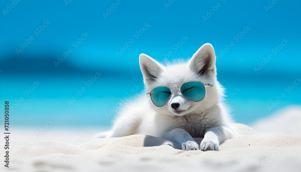 Happy artic fox with sunglasses relaxing on the beach. Cute white fox lying and resting on the sand. Funny summer background with copy space for text. Generative AI.	