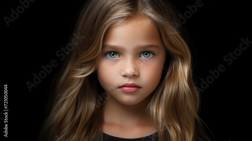 Portrait of a beautiful little girl with long hair. Isolated on black background. Generative AI © Alex
