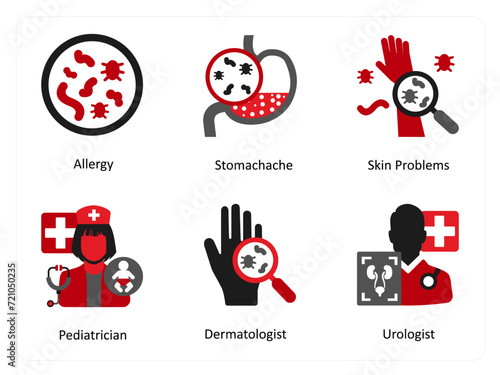 Six medical icons in red and black as allergy, stomachahe, skin problems