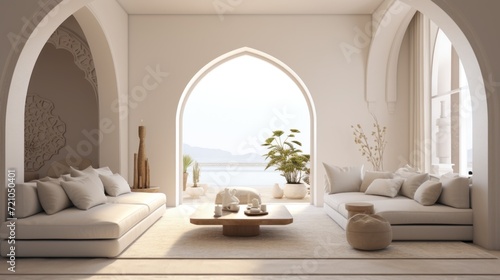 Interior of modern living room with arched window. 3D render Generative AI