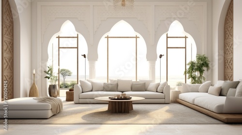 Interior of modern living room with white sofa and wooden coffee table. 3d render Generative AI