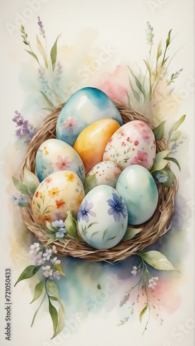 Watercolor Easter illustration with Easter eggs and flowers. Vintage style. Easter holiday concept. Illustration for holiday card, banner, background, flyer, poster.