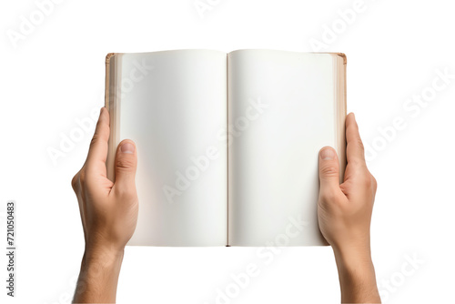 A person holding a book with open hands, displaying blank pages in a gesture that conveys a concept of business or advertisement