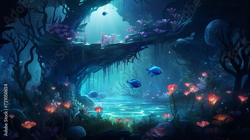 An enchanting underwater garden teems with vibrant corals, swaying sea anemones, and an array of mesmerizing marine flora, creating a sublime tapestry of colors beneath the ocean's surface. Sunlight d