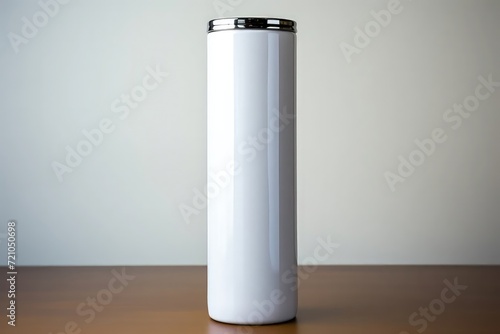 The mockup features a tall white tumbler with a glossy surface, providing an ideal template for presenting designs or content on a sleek and modern drinkware item.