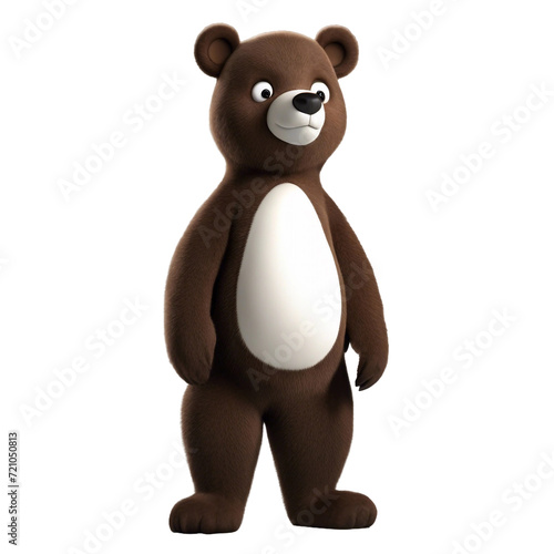 A large dark brown bear cartoon on a white backdrop created by AI.