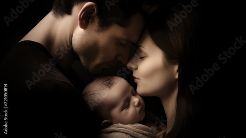 A young family with a newborn baby on a black background. The concept of a happy family. Generative AI