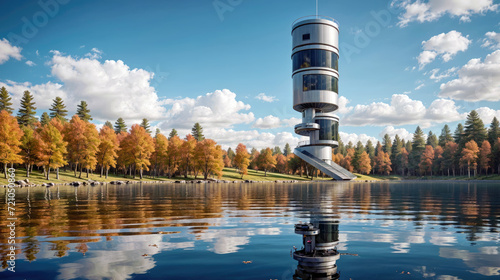 A futuristic cylindrical tower with spiraling sections by a lake, surrounded by autumn-colored trees under a partly cloudy sky photo