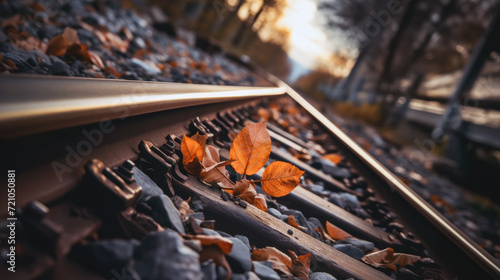 Autumn leaves on a railway track reflecting golden hour sunlight, with a blurred natural background