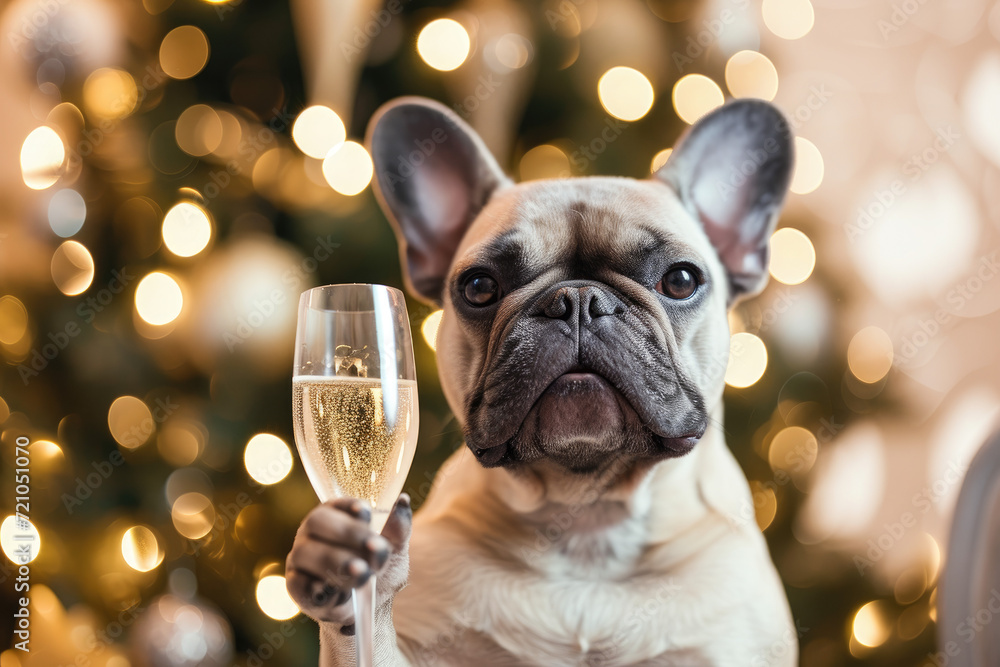 French Bulldog with champagne glass celebrating New Year's Eve