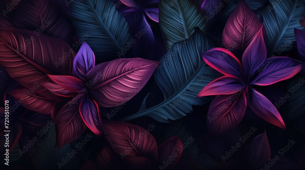 Seamless pattern with tropical leaves on dark background. illustration. Generative AI