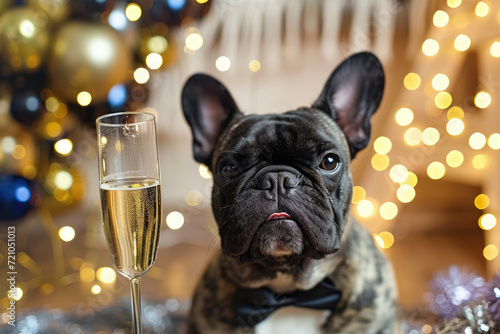 French Bulldog with champagne glass celebrating New Year's Eve © Kien