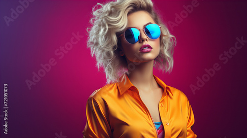 Woman in sunglasses in orange blouse isolated on bright pink background, happy confident young woman wearing summer sunglasses, copy space, Valentine day, greeting card, advertising