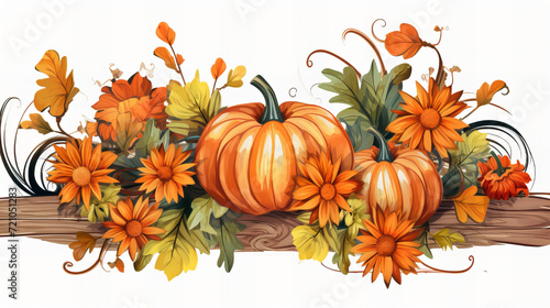 Autumn Harvest Watercolor  Watercolor illustration of pumpkins and autumn flowers representing the bountiful beauty of the harvest season