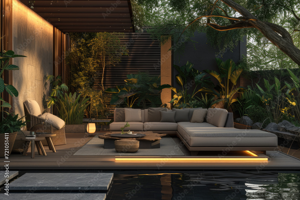 the patio living is designed with a pergola and water features