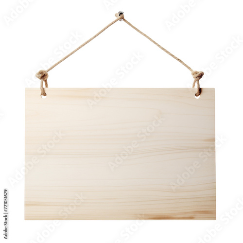 Empty wooden signboard hanging with rope, perfect for custom messages and signs, isolated on a transparent background with PNG clip art format