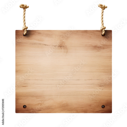 Empty wooden signboard hanging with rope, perfect for custom messages and signs, isolated on a transparent background with PNG clip art format
