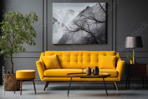 Immerse yourself in the calming atmosphere of a living space adorned with a soft color yellow sofa and a suitable table, framed against an empty canvas for your text.