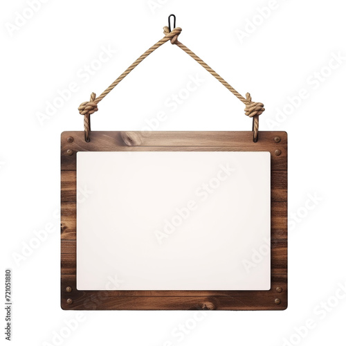 Empty wooden signboard hanging with rope, perfect for custom messages and signs, isolated on a transparent background with PNG clip art format