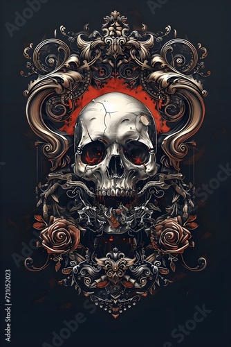 mockup t-shirt design illustrating a cyborg skull in a Japanese-style ornamental fram
