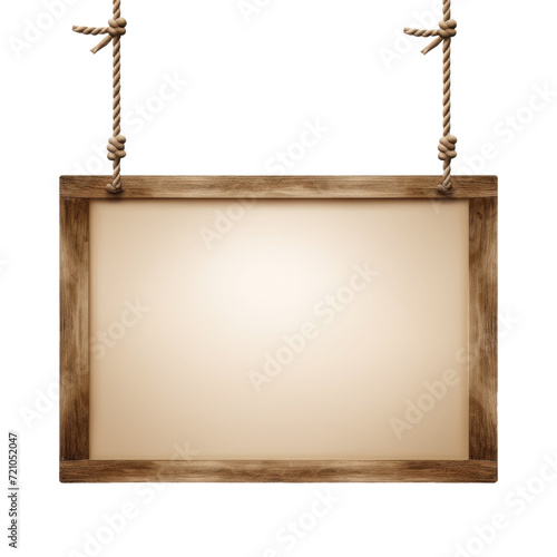 Empty wooden signboard hanging with rope, perfect for custom messages and signs, isolated on a transparent background with PNG clip art format