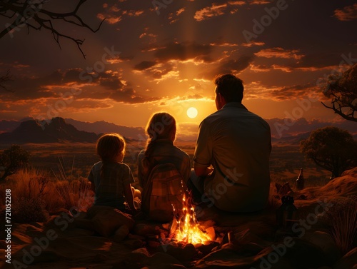 Family Gathers and Camps Around a Campfire in Nature at Sunset. Family Recreation