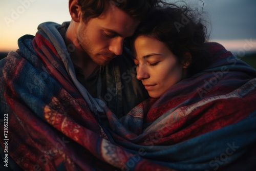Couple in love wrapped in a blanket in the countryside at sunset. Generative AI