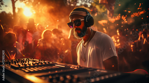 DJ Igniting the Night at Party, DJ in white spins tracks at a vibrant outdoor party, surrounded by the fiery glow of festival lights photo