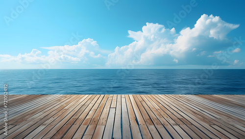 Wooden deck with a beautiful sea and sky background, overlooking the beach and ocean. This tropical wooden deck is situated at the seafront by the beach.