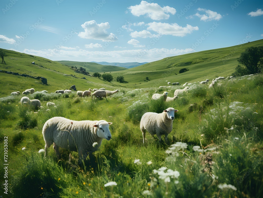 Herd of Sheep in Green Pasture Herd of Sheep in Green Pasture
