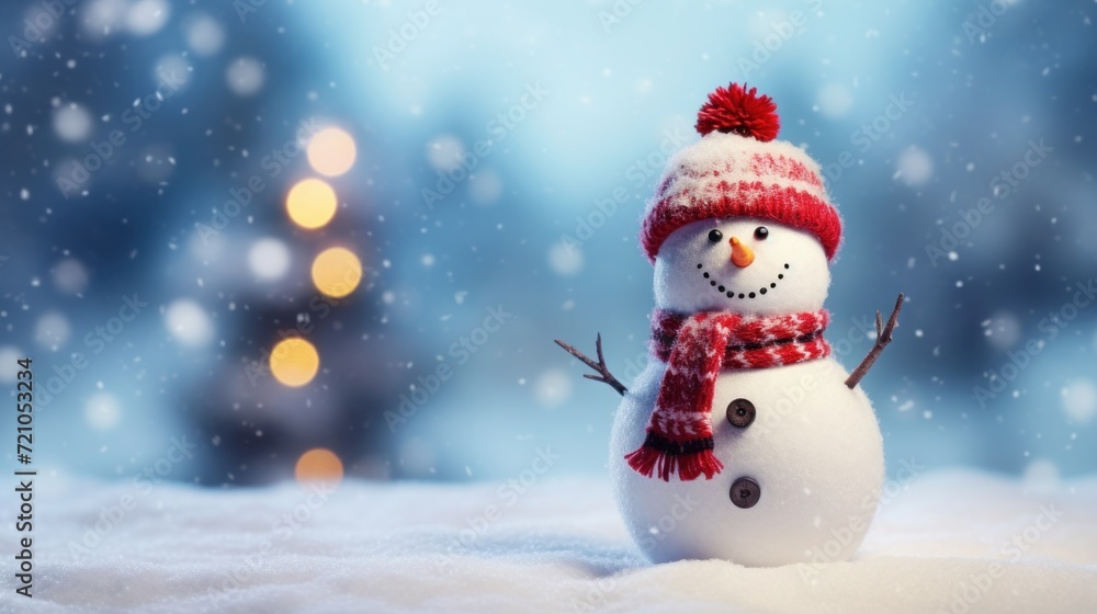 Snowman in red hat and scarf on snow with bokeh background Generative AI